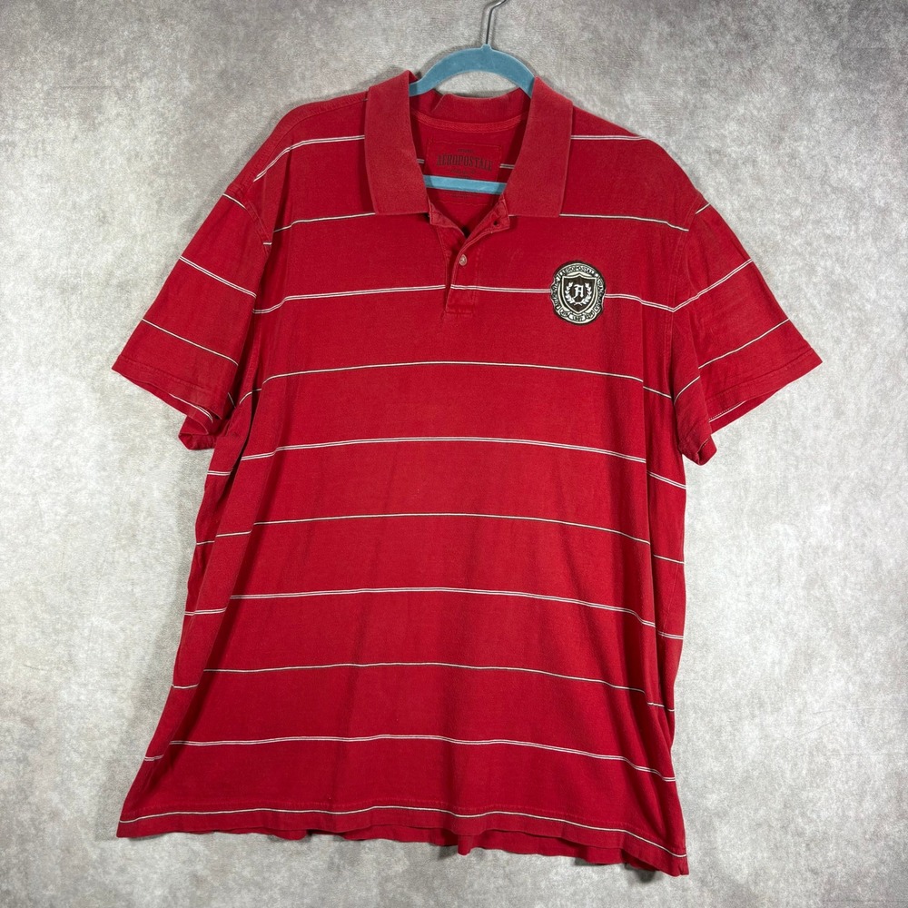 Aeropostale Polo Shirt Mens XXL Red Striped Authentic Fit Crest Logo Cotton
